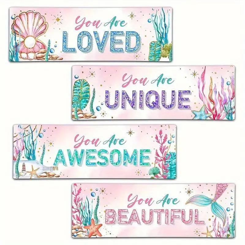 Mermaid Themed Wooden Wall Decor, 4 Counts/set Lovely Aesthetic Design Letter Pattern Wall Art Decoration with Double Sided Tape, Wall Decor for Home Living Room Bedroom, Decoration Items, Stickers