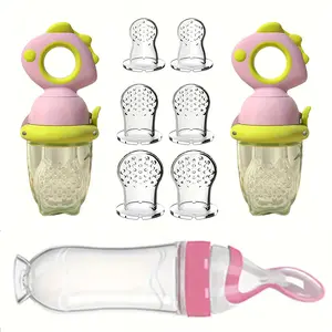 9-Piece Baby Feeding Set Includes Dinosaur Rotating Food Dispenser, Sippy Cup with Nipple, Silicone Replacement Bags, Sizes S M L
