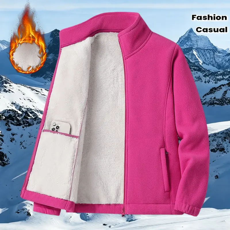 New solid-color Christmas dopamine-inspired women’s fleece jacket—thickened for warmth and added padding; a zip-up outerwear piece for autumn/winter outdoor activities; fashionable casual wear for daily commuting, business trips, parties, and outings.