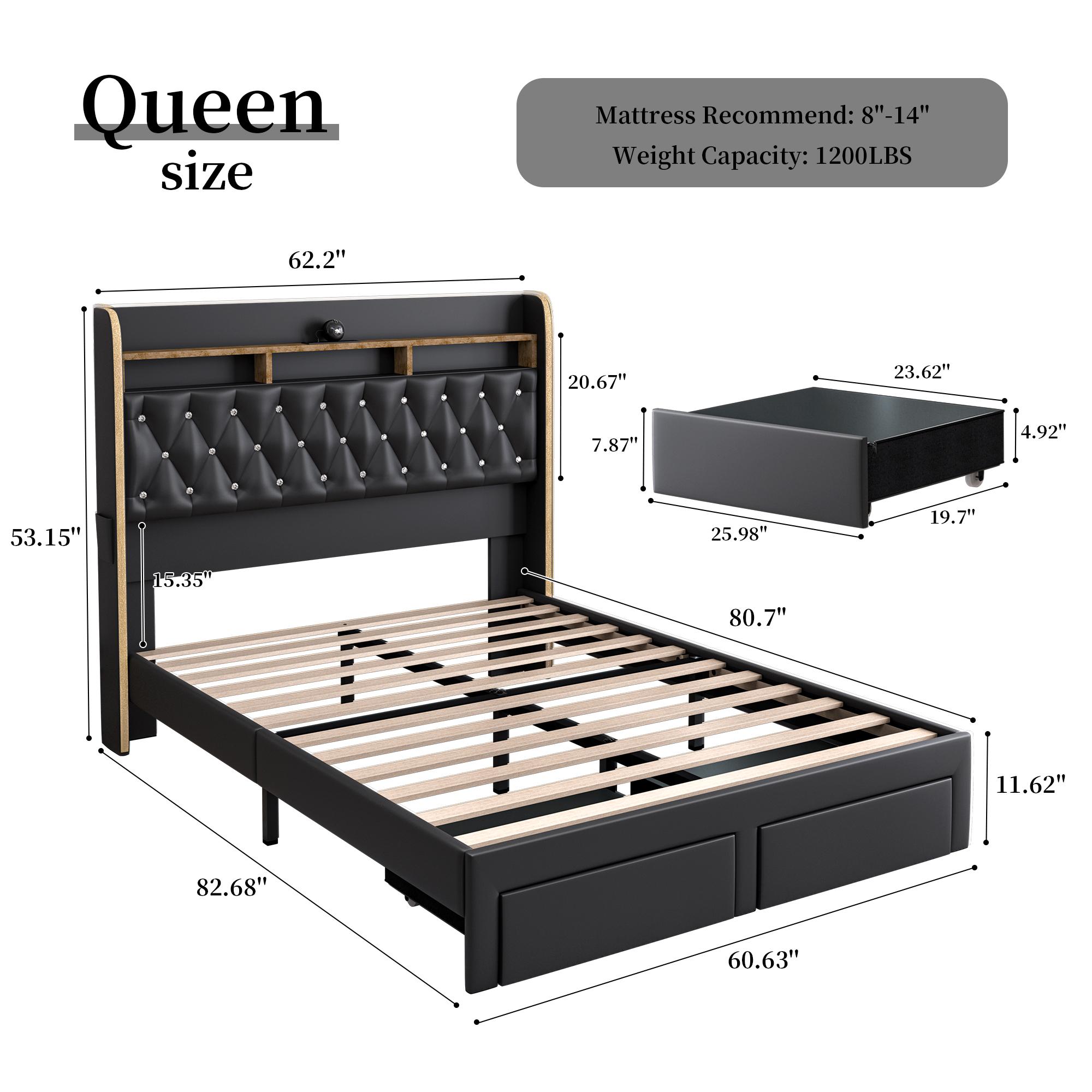 [Father's Day Gift] Queen LED Bed Frame with Galaxy Star Projector, Built-in Speaker & Charging Station, Luxury Upholstered Platform Bed with 2 Storage Drawers & 2-Tier Headboard, Noise-Free Modern Bedroom Furniture, Black