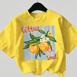 Citrus Soul Orange Blossom Graphic Oversized T-Shirt, Retro Yellow Blue Stripe Fruit Tee,Vintage "Citrus Soul" Orange Tree Oversized T-Shirt, Cute Citrus Blossom Summer Casual Tee Crewneck Tshirt