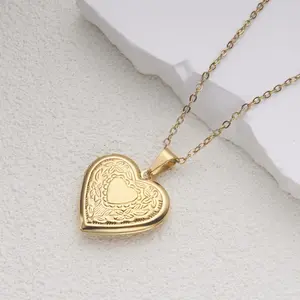 2025 New "Women's Steel and Golden Titanium Steel Heart Locket Necklace: Floral Pattern Picture Frame Pendant"