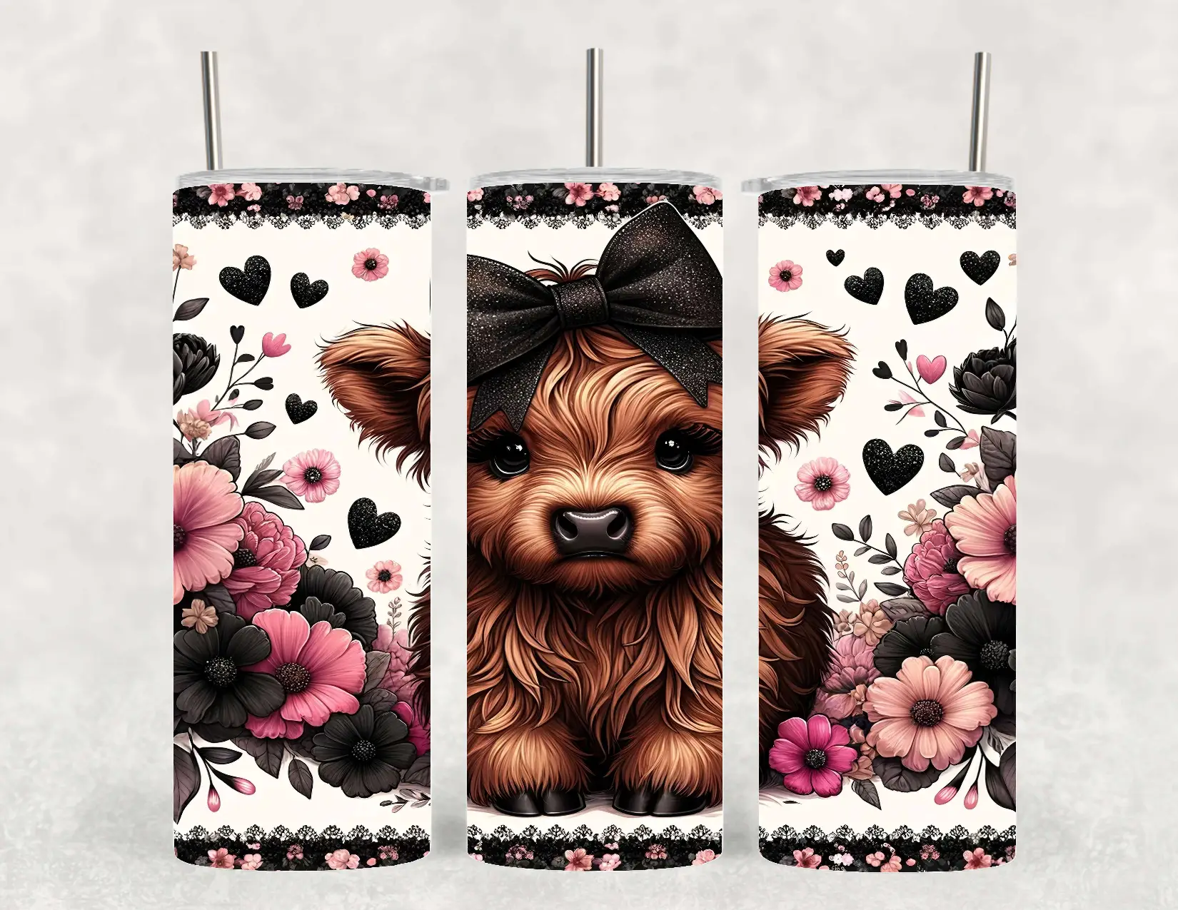 Black Bow Highland Cow 20oz Tumbler Bottle Classic Drinkware Stylish