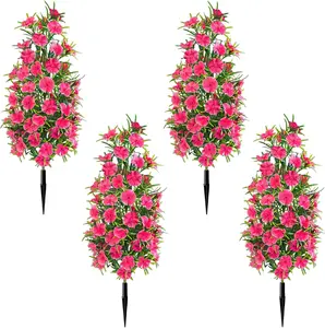 4 Pack Artificial Topiary Trees with Ground Spike for Outdoor, 19" Faux UV Resistant Shrubs with Flowers, Realistic Artificial Fake Bushes Plants for Home Garden Yard Porch Patio Decor (Rose Red)