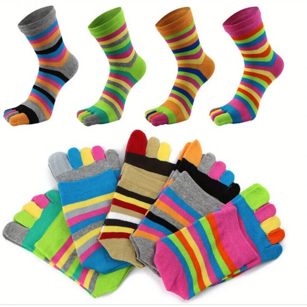 Women's Fit 5-Finger Cotton Socks - 2-Pack/5-Pack, Rainbow Striped Mixed Color Crew Socks, Comfortable Wicking Fabric for Athletic Use socks for women