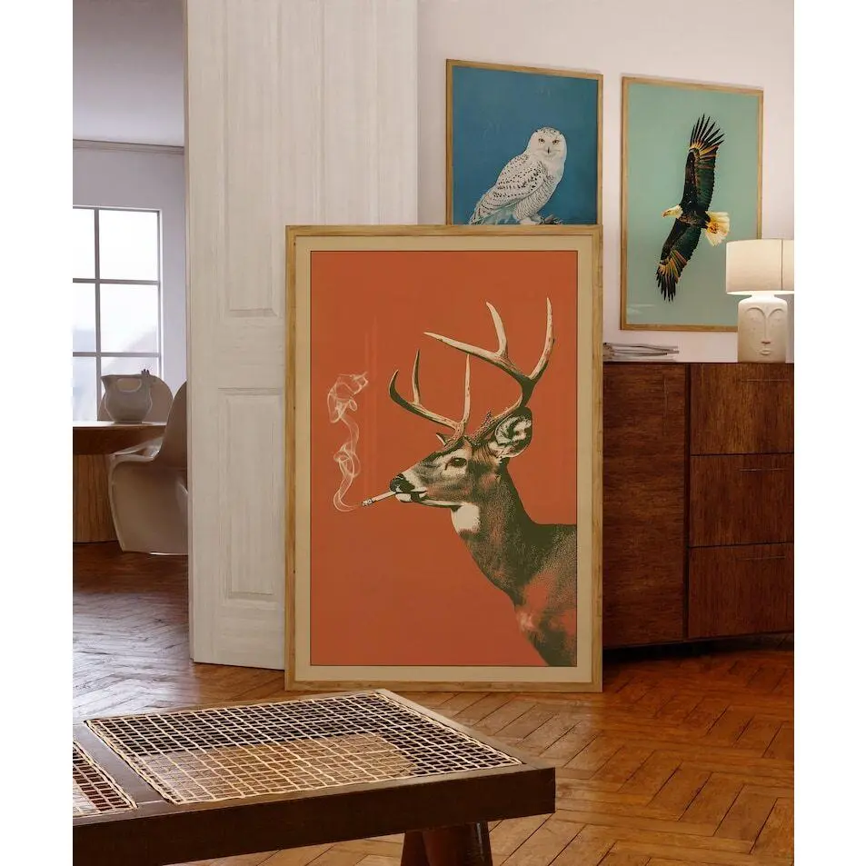 Vintage Buck Cigarette Graphic Print Rectangle Wall Art Poster - Artistic Retro Whitetail Deer Cartoon Photo, Hunter Room Decoration, Home Decor Accessory, Home Supplies, Animal Cartoon Prints