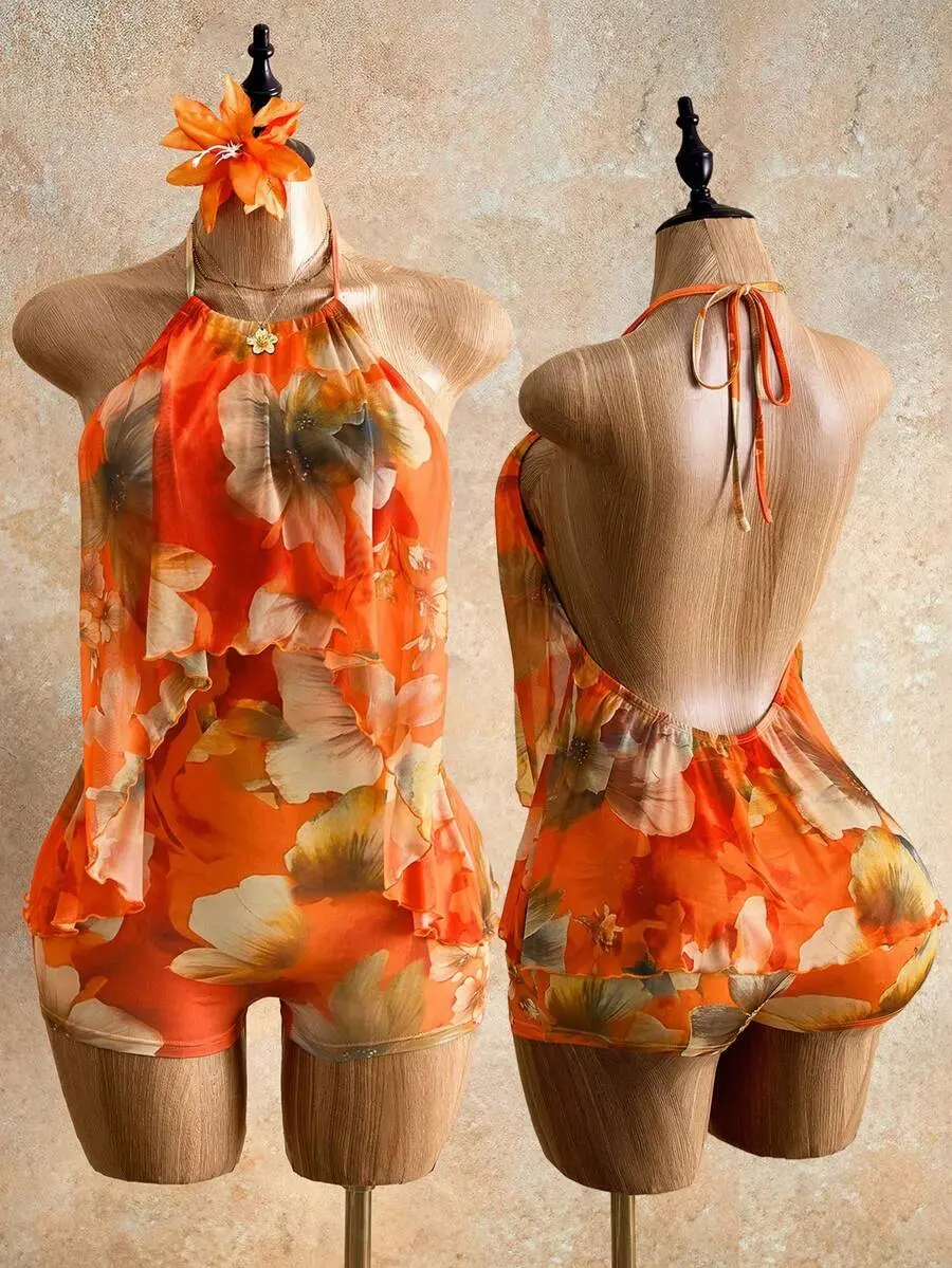 DAMIKA Backless Sleeveless Romper In Orange Red,Summer Boho Beach Holiday Holiday Mesh Net Fabric Jumpsuit For Music Festivals&Music Outfits