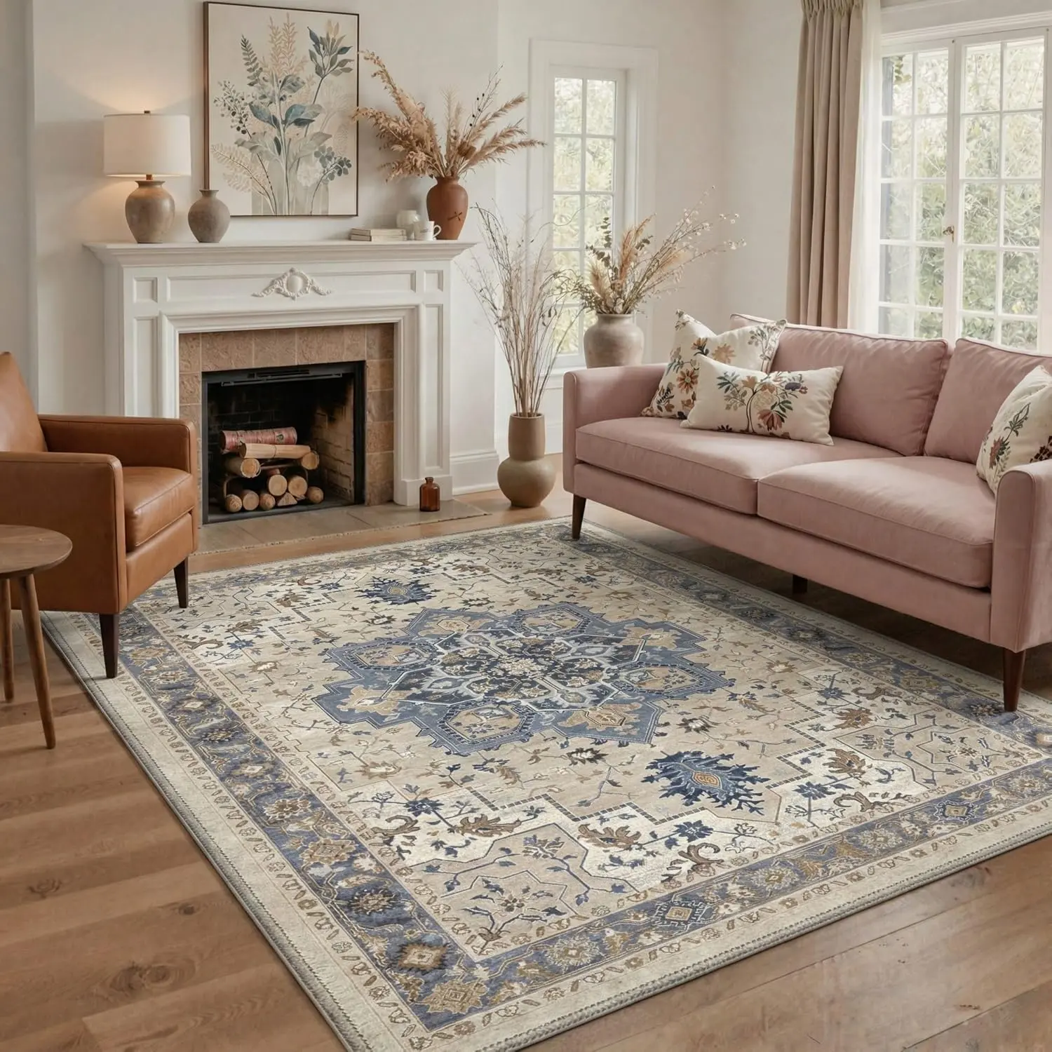 【Back To School】GENIMO Area Rugs for Living Room, Machine Washable Rug, Non Slip Indoor Vintage Carpet, Low Pile Lightweight Chenille Print Carpet for Bedroom Dining Room Home Office, Blue Cream