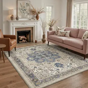 【Deals For You Days】GENIMO Area Rugs for Living Room, Machine Washable Rug, Non Slip Indoor Vintage Carpet, Low Pile Lightweight Chenille Print Carpet for Bedroom Dining Room Home Office, Blue Cream