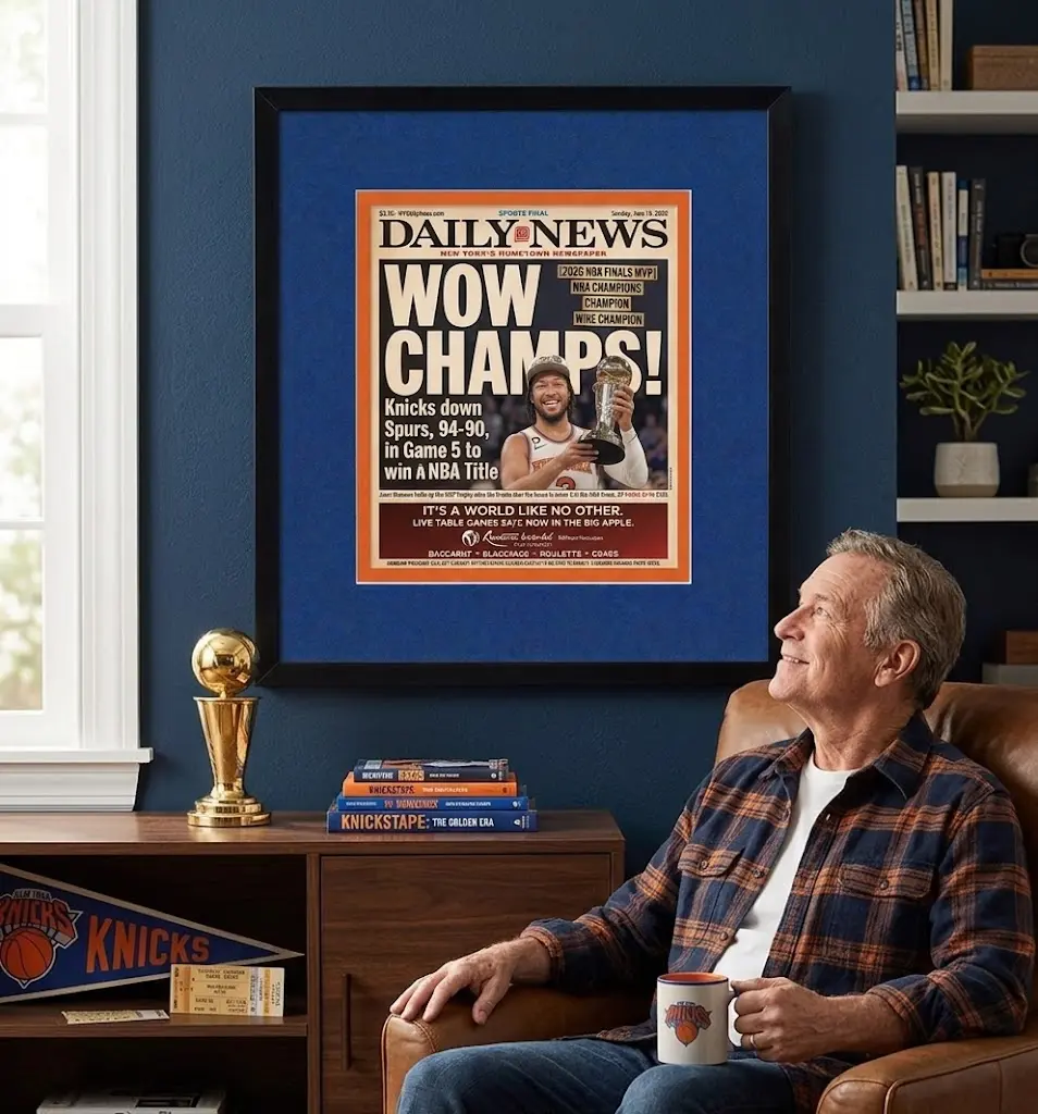 New York Daily News Newspaper Frame w/ Blue & Orange Mat Border, Black Wood, UV Acrylic