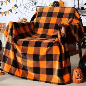 Soft Comfortable Funny Orange Checkered Flannel Throw Blanket Warm Fluffy Cozy Plaid Blanket, Lightweight Farmhouse Halloween Pumpkin Decoration