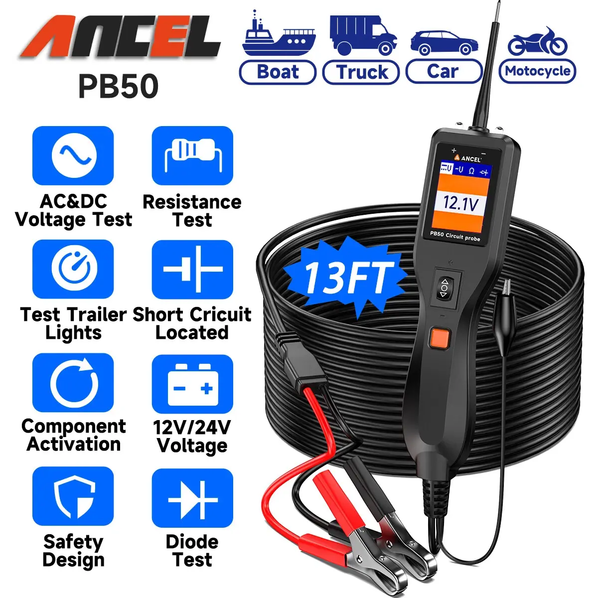 ANCEL PB50 Handheld Car Voltage Tester, 12-24V Automotive Multi-Mode Power Circuit Diagnostic Tool, AC/DC Current Resistance Tester, Short-Open Breaker Finder, Component Activator for DIY Repair & All Vehicles