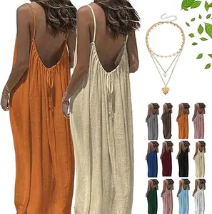 Backless Cami Dress for Women 2PC Open Back House Lounge Dress with Back Summer Beach Vacation Casual Long Sundress