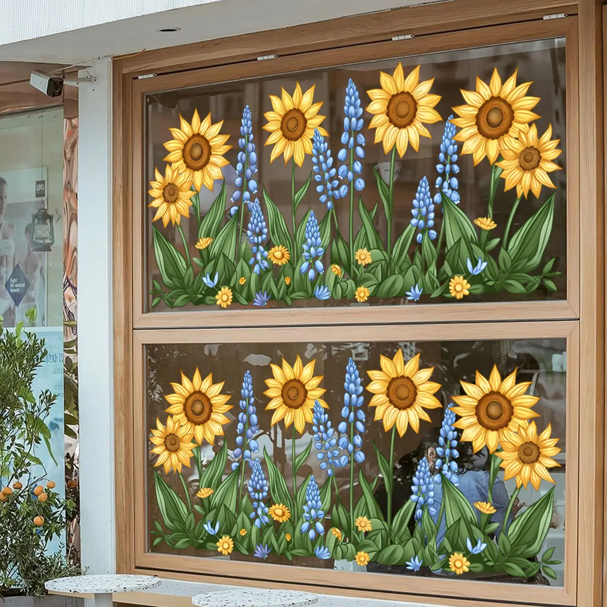 A set (30*60cm*2pcs) of sunflower and blue flower flat static stickers for decorating window stickers, window displays, and home background beautification, D22116