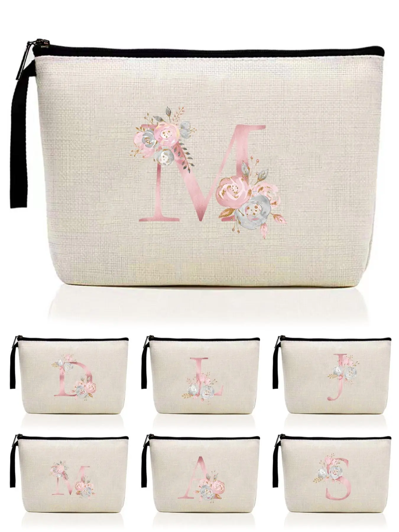 Letter & Floral Pattern Makeup Bag, Initial Letter Print Portable Cosmetic Bag, Travel Canvas Cosmetic Storage Bag, Cosmetic Travel Bags, Birthday Gift, Makeup Organizer Pouch