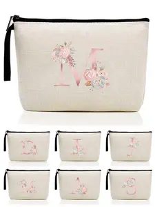 Letter & Floral Pattern Makeup Bag, Initial Letter Print Portable Cosmetic Bag, Travel Canvas Cosmetic Storage Bag, Birthday Gift, Makeup Organizer Pouch