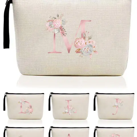Letter & Floral Pattern Makeup Bag, Initial Letter Print Portable Cosmetic Bag, Travel Canvas Cosmetic Storage Bag, Cosmetic Travel Bags, Cosmetics Bag, Birthday Gift, Makeup Organizer Pouch