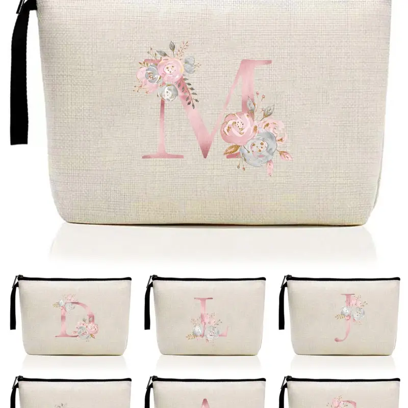 Letter & Floral Pattern Makeup Bag, Initial Letter Print Portable Cosmetic Bag, Travel Canvas Cosmetic Storage Bag, Cosmetic Travel Bags, Cosmetics Bag, Birthday Gift, Makeup Organizer Pouch