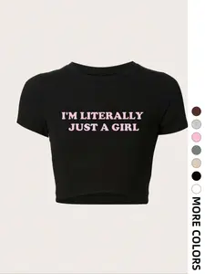 Women's Letter Print Round Neck Crop Tee, Vintage Trendy Casual Short Sleeve T-shirt for Daily Wear, Summer Outfits 2024, Ladies All Seasons Outfit, Round Neck Top