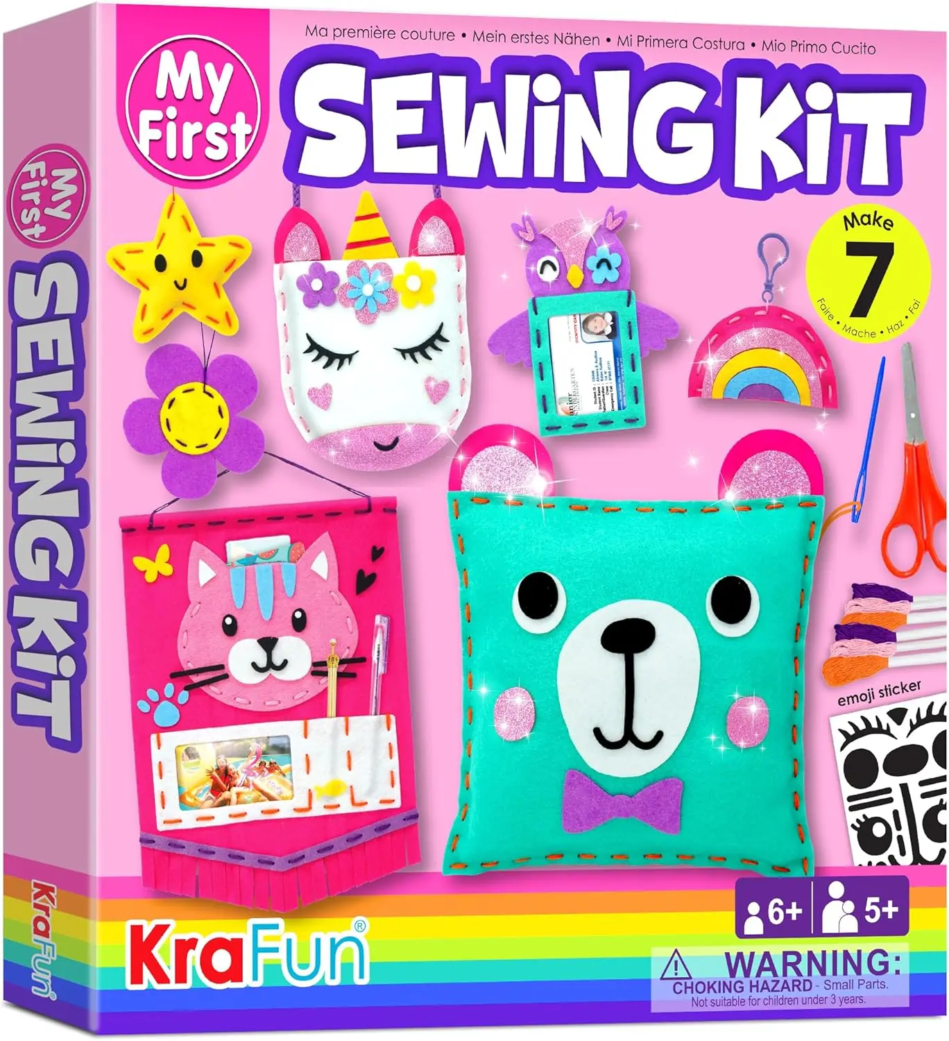 Unisex Kids' First Sewing Kit for 10-12 Years Arts & Crafts - 7 Easy DIY Stuffed Animal, Plush Pillow Projects, Fabric, Instructions - Friends & Family Gift, Learn Sewing/Embroidery (10.24x10.24x1.57 Inches)