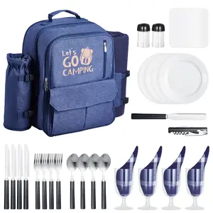 VEVOR 4-Person Picnic Backpack Tool Kit, Outdoor Camping Supplies with Insulated Cooler Compartment, Detachable Wine Bottle Holder, Lightweight Picnic Mat, Plates & Cutlery Set, Navy Blue for Beach-Camping Use