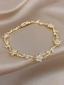 1pc 18K Gold Plated Copper Women's Flower Bracelet, Includes Cherry Blossom Charms and Marquise Leaf Accents, Sparkling Multi-color Zirconia Link Bracelet, Romantic Cottagecore Style, Exquisite Jewelry, bracelets jewelry, Elegant Jewelry Bracelet