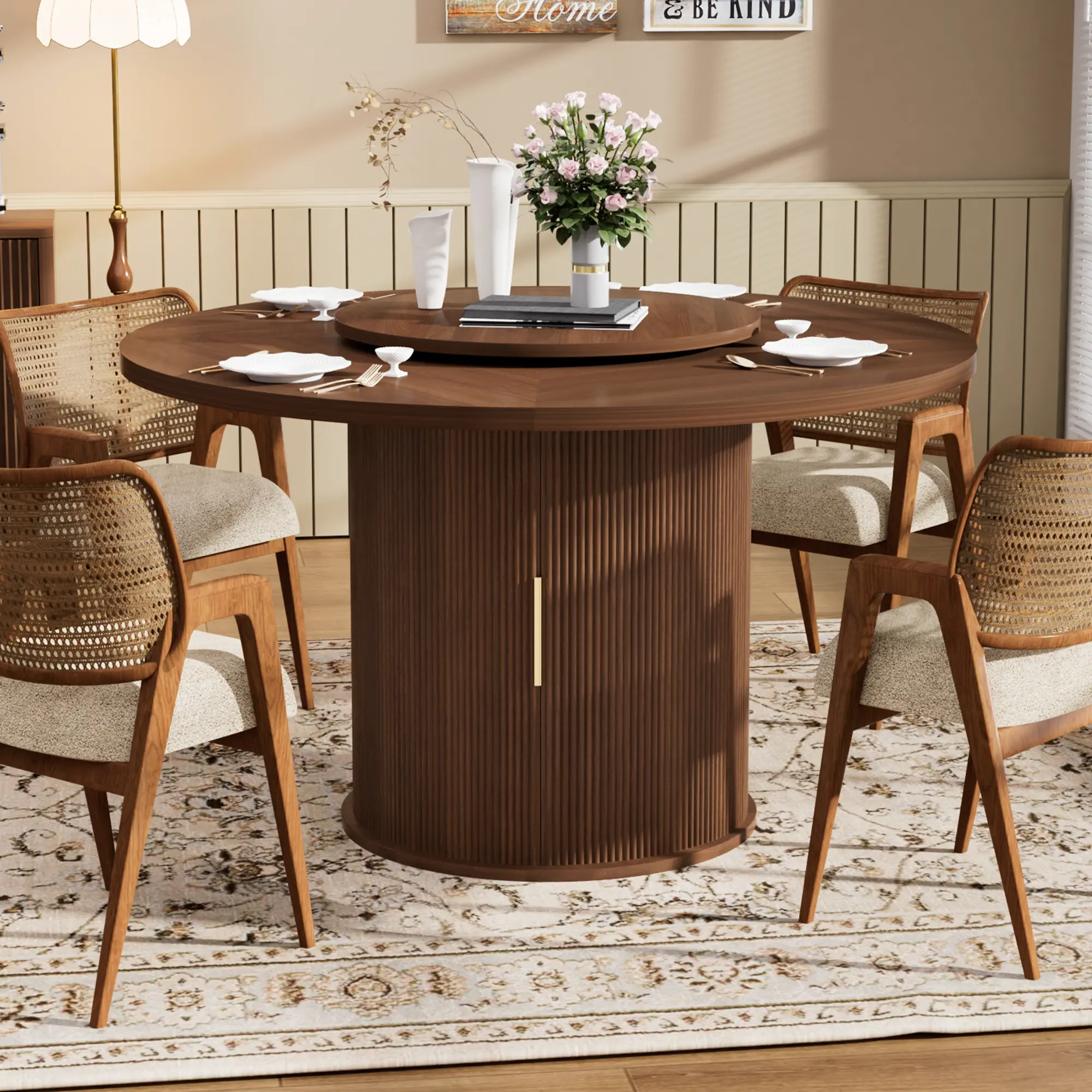 55-Inch Round Mid-Century Dining Table (OnlyTable) for 6, Walnut Laminate Top, Double-Tier Storage Shelf, Rotating Lazy Susan, Wavy Striped Wood Sliding Doors, Durable Sturdy Build, Easy Setup, Assembly Required, Comfortable Dining Space