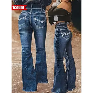 【PlusSize】EmbroideryDesignFlareLegStretchyJeans,CasualComfyDenimStretchyJeans?forDailyWear,Women'sBottomsforAllSeasons