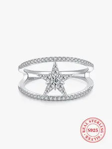 925 Sterling Silver Fashion Star Design Ring, Rhinestone Decorated Ring for Women, Luxury Wedding Engagement Fine Jewelry