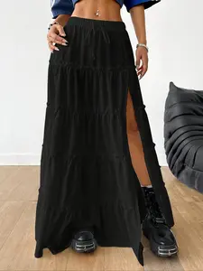 Women's Plain Tiered Layer Split Hem Skirt, Casual Fashion Long Skirt for Daily Wear, Ladies Bottoms for Summer, Womenswear, Maxiskirt