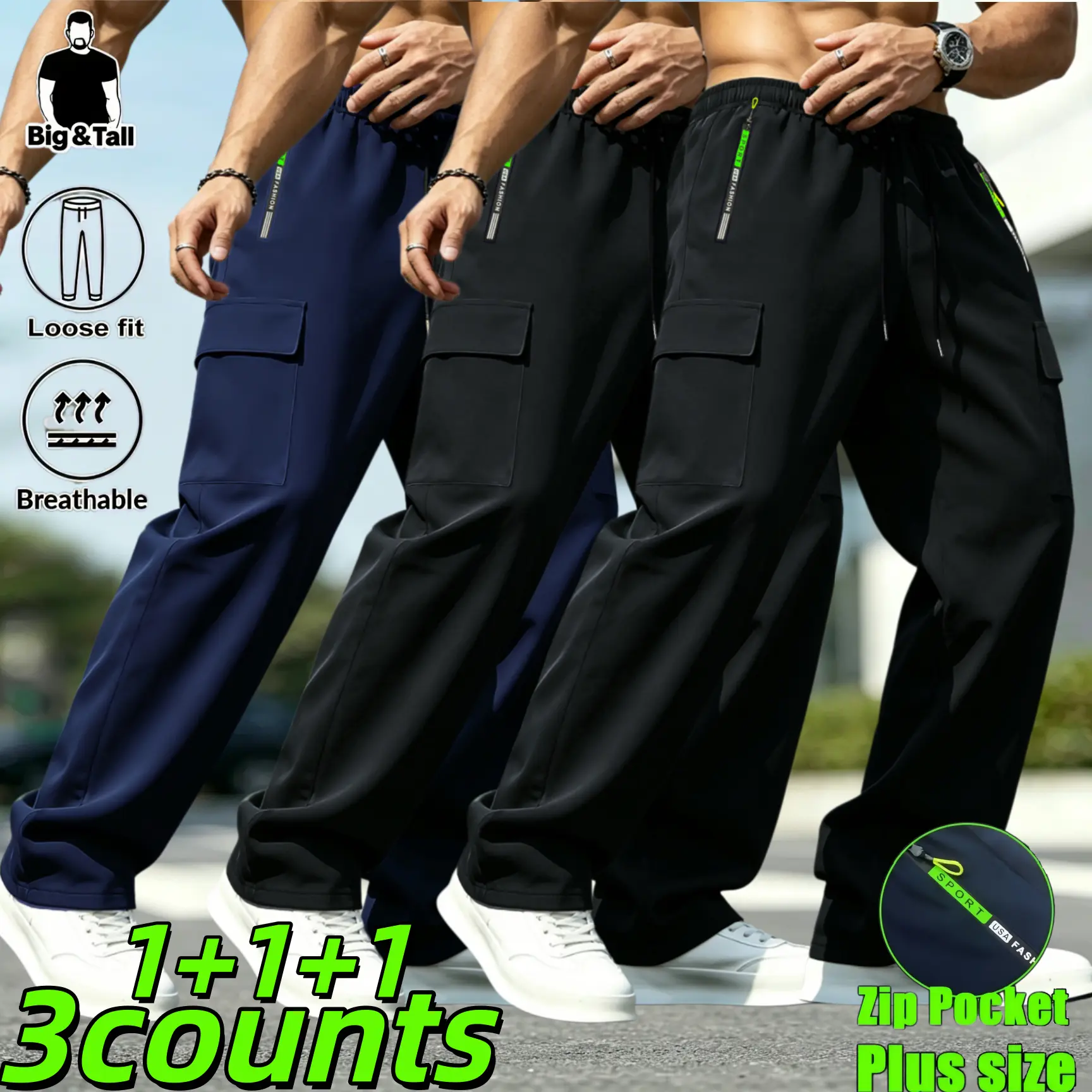 3 Pack Big & Tall Men’s Loose Fit Cargo Pants, Plus Size Quick Dry Breathable Athletic Trousers with Secure Zip Pockets, Casual Outdoor Streetwear Work Pants Bundle，Breathable Lightweight Running Pants，Comfy Elastic Waist Drawstring Pants