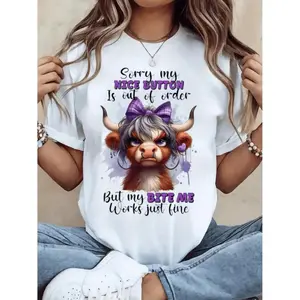 Humorous Scottish Highland Cow Graphic Tee with Sorry My Nice Button Is Out of Order Quote Soft Breathable Casual and Party Top