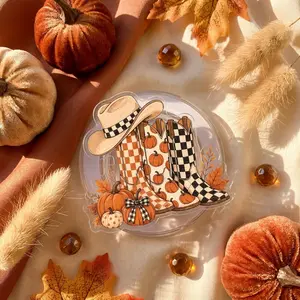 Cowboy Boots Checkered Fall Phone Grip, Brushstroke Fall Pumpkin Mobile Stand, Leopard Print Howdy Holder, Western Cowgirl Autumn Case Support Gift