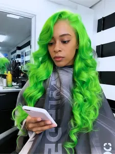 Neon Green 28" Body Wave Wig 13x4 HD Lace Front Pre-Plucked Hairline Heat-Resistant Synthetic Hair Free Parting
