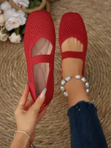 Women's Braided Mary Jane Flat Shoes, Square Toe Mesh Breathable Shoes, Comfortable Elegant Plain Knit Slip-Ons, Walking Shoes