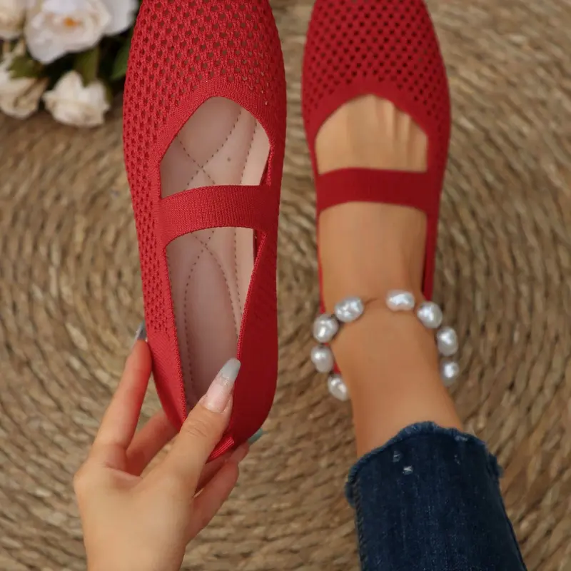 Women's Mary Jane Flats, Casual Flats, Square Toe Mesh Breathable Rubber Shoes, Comfortable Elegant Plain Knit Slip-Ons, Breathable Flat Shoes, Flat Footwear