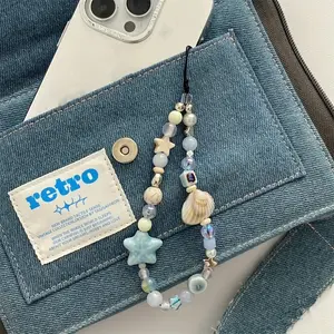 Cute Charm Blue Star Seashell Beaded Phone Strap, Chain Flower Keychain, Minimalist Phone Pendant, Y2K Gift for Mother Family Friends, Phone Accessories, Cell Phone Charm, Phone Decoration