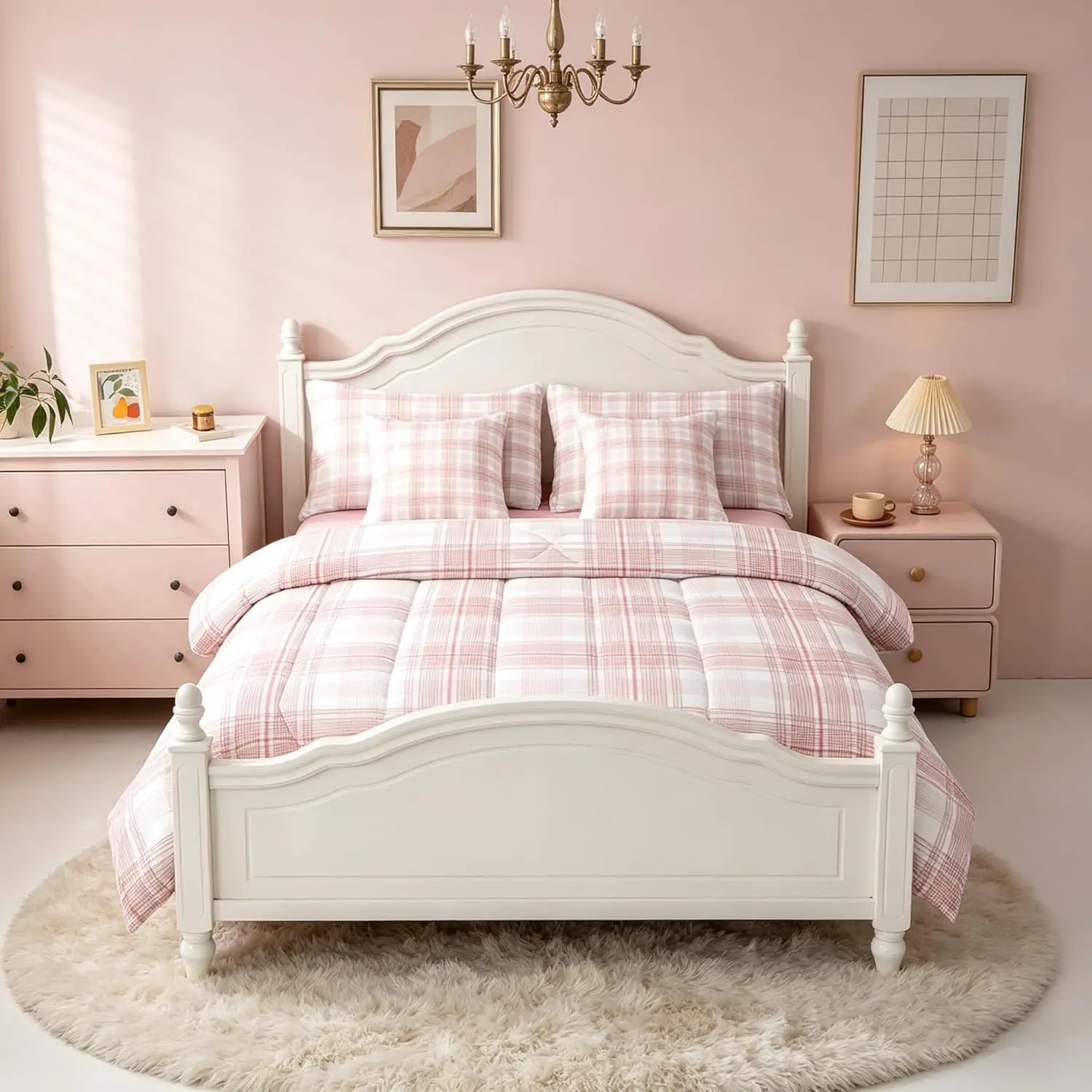 White Pink Plaid Comforter Set with Sheets 7 Piece Modern Checkered Geometric Bed in a Bag Vintage Aesthetic Bedding Set Bedroom Decor Soft Lightweight Microfiber