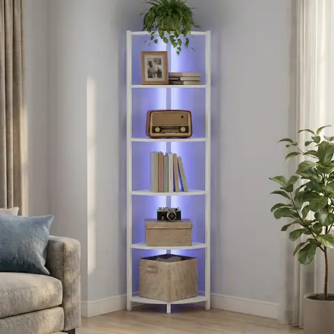 White 6-Tier LED Corner Shelf with MDF, 66'' Steel Frame Organizer Kit, Scene Mode Control, Decor Shelves for Bedroom, Living Room Display Stand