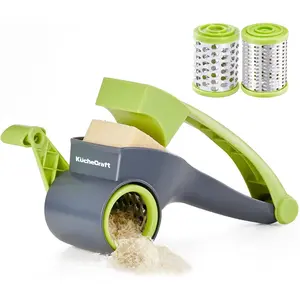 Cheese Grater with Handle, Kitchen Parmesan Cheese Grater with 2 Stainless Steel Drums, Rotary Cheese Grater Handheld for Grating and Shredding Hard Cheese, Chocolate KucheCraft