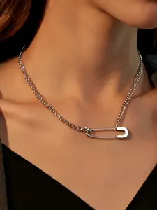 Creative Pin Necklace, Minimalist Curved Pin Clavicle Chain, Cold Style Unique Pendant, Couple Accessory, Fashion Jewelry, Minimalist Necklaces