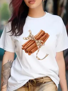 Women's Cinnamon Roll Graphic Print Round Neck Tee, Fashion Casual Short Sleeve T-shirt for Daily Wear, Ladies Clothes for All Seasons