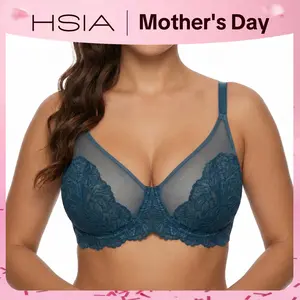 HSIA Blossom Unlined Plus Size Comfort Lace Sheer Mesh Full Coverage Underwire Non-Padded Bra Women Minimizer Bra