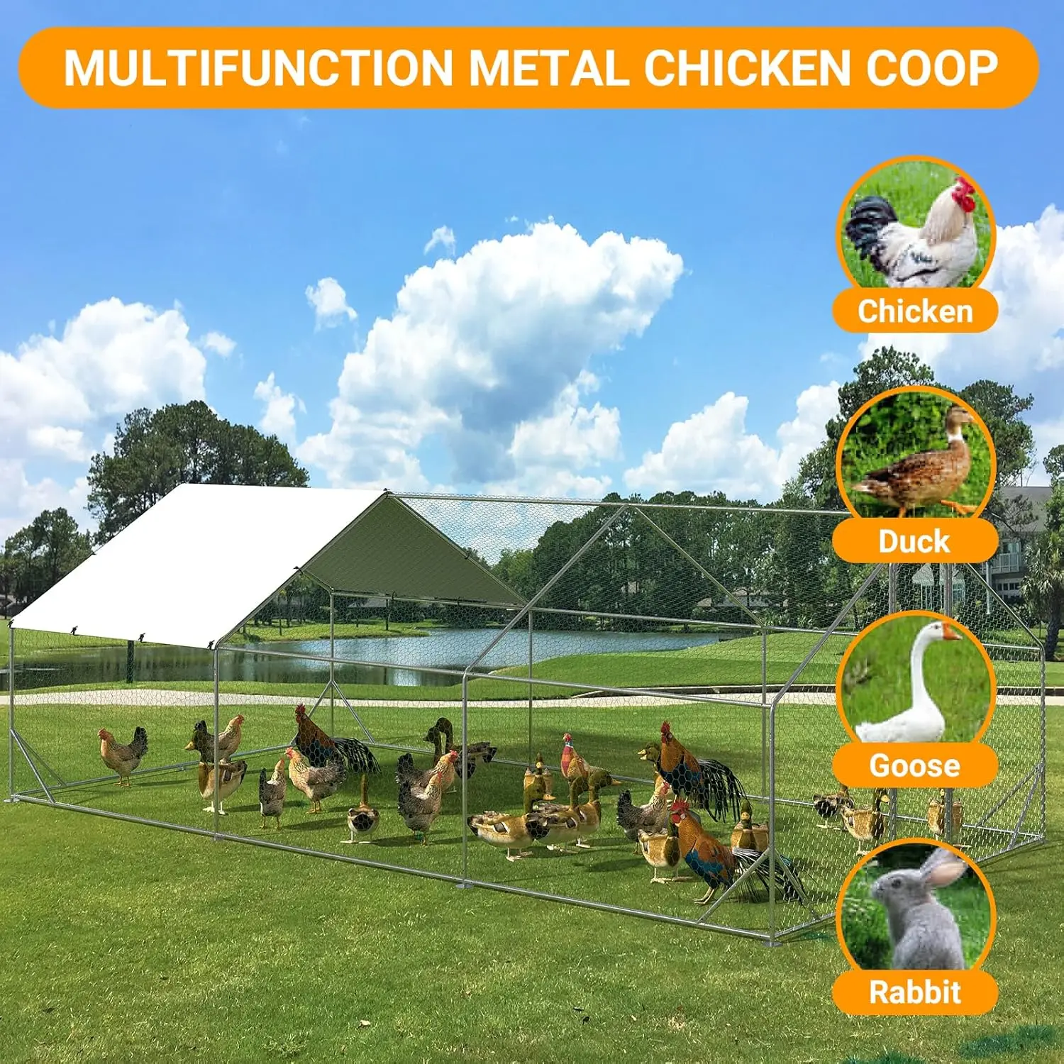 19FT Heavy-Duty Metal Walk-in Chicken Coop Enclosure, Outdoor Poultry Cage with Lockable Doors, Waterproof UV-Resistant Cover, Peaked Roof - Backyard Habitat for Ducks, Hens