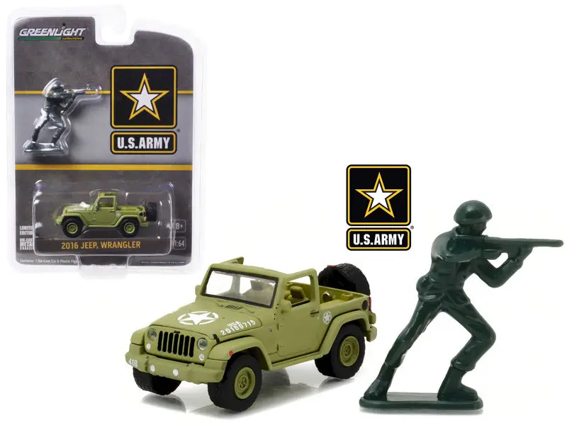 Greenlight 2016 Jeep Wrangler Military U.S. Army Diecast Model Car - 1:64 Scale, Metal Body, Limited Edition Diecast Toy with Soldier Figure, Model Cars, Diecast Toys