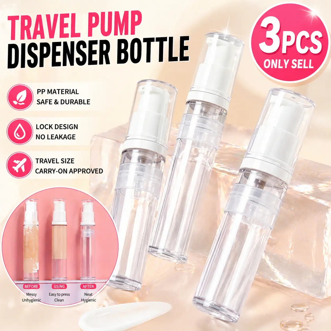 3pcs airless pump bottles, transparent travel cosmetic containers, Makeup Container, suitable for foundation, cosmetics, gels, serums, toners, moisturizers, can be refilled, convenient and environmentally friendly.