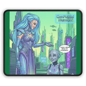 ConFuzed HumoR: Where Tech Meets Heart.   Futuristic Gaming Mouse Pad with Robot Art, Geek Gift, Desk Accessory, Office Decor, Tech Enthusiast Item
