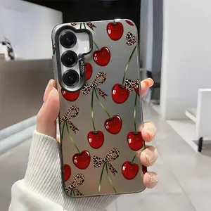 Red Cherry Leopard Bow Soft Silicone Phone Case For Galaxy S26/S26Ultra/S26Plus/S25/S25Ultra/S25Plus/S24/S24Ultra/S24Plus/S24fe/S23/S23Ultra/S23Plus/S23fe/S22/S22Ultra/S22Plus/S21/S21Ultra/S21Plus Shockproof|Full Camera Protection|Anti-Scratch