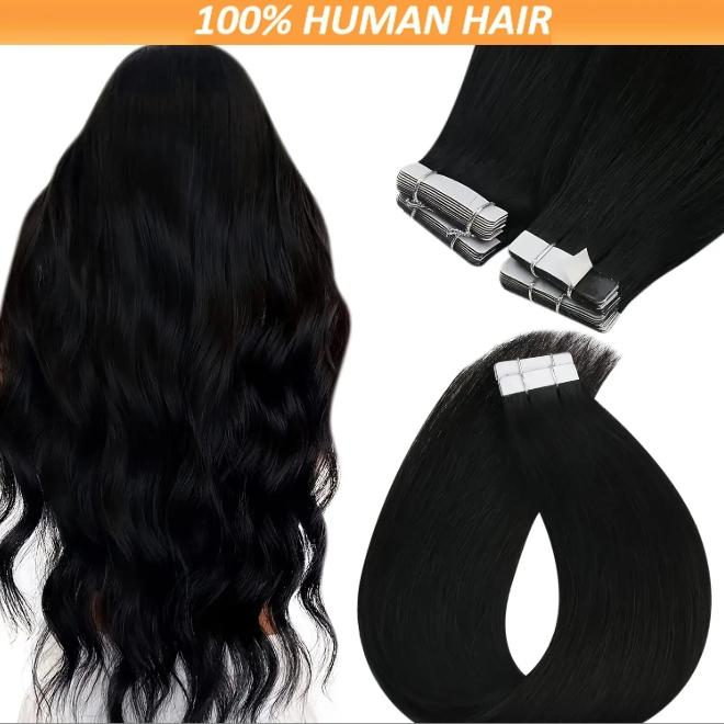 20PCS 30g Double-Sided Seamless Tape-In Real Human Hair Extensions, Natural Black #1B Straight 12-28 Inches, Premium Reusable Long-Lasting Hair, Easy Application & Gentle On Hair