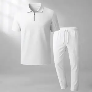Men's Two-Piece Athletic Set, Including A Short-Sleeved Polo Shirt And Drawstring Trousers; Slim-Fit Waffle-Knit Polo Top And Sweatpants; Casual Summer Polo Set